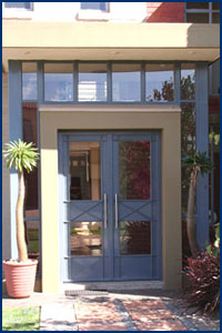 Blue Glass Door Brown Frame